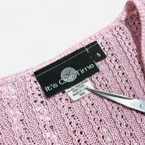 VTG Y2K Its Our Time Light Pink Open Knit Crochet Tie Front Duster Cardigan S - Picture 7 of 8